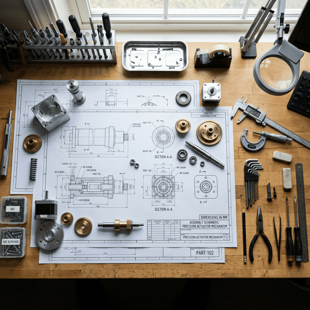 Mechanical parts and engineering tools laid out on a wooden table over actuator mechanism blueprints