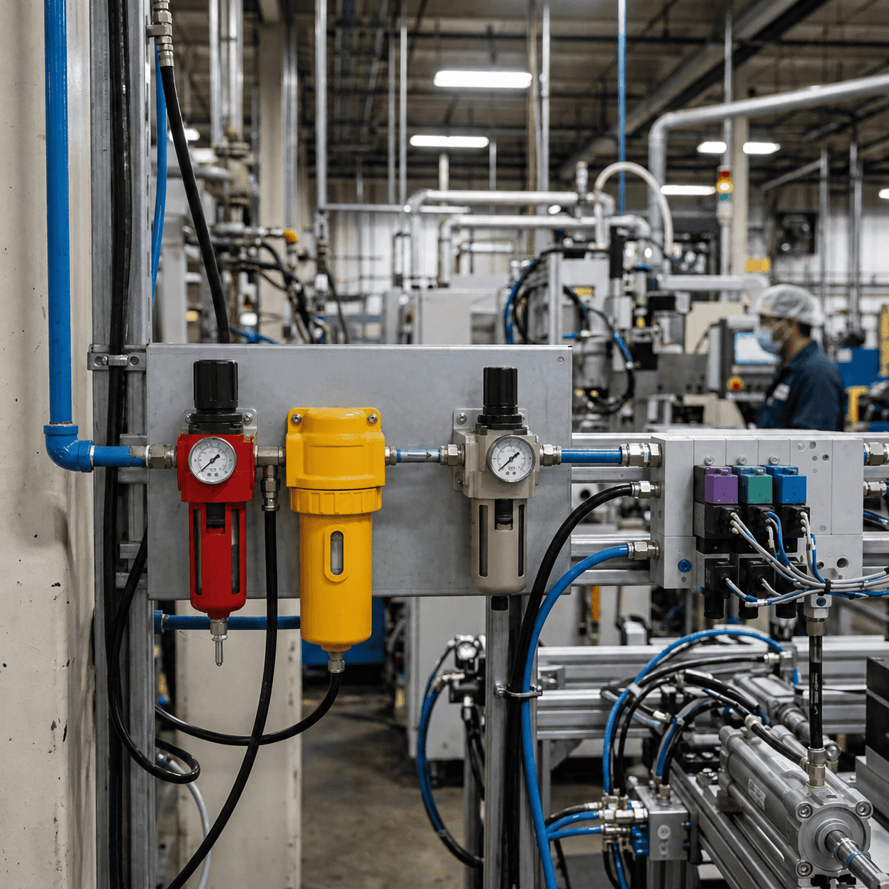 Labeled compressed-air dryer, regulators, gauges, and FESTO pneumatic controls in factory