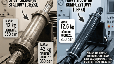 Porównanie: stalowy siłownik 42 kg i kompozytowy 12,6 kg, oba 350 bar