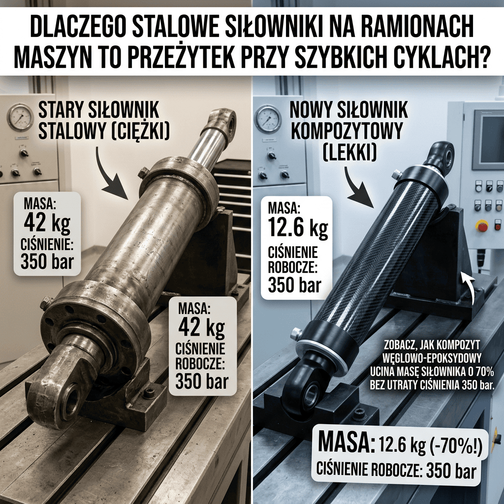 Porównanie: stalowy siłownik 42 kg i kompozytowy 12,6 kg, oba 350 bar