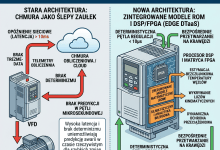 Infografika po polsku: „EWOLUCJA CYFROWEGO BLIŹNIAKA DLA WYSOKODYNAMICZNEGO STEROWANIA RUCHEM: OD CHMURY DO KRAWĘDZI (EDGE DTaaS)”. Lewa strona: „STARA ARCHITEKTURA: CHMURA JAKO ŚLEPY ZAUŁEK”, opóźnienie sieciowe, brak determinzmu, brak predykcji w pętli mikrosekundowej, telemetria do obliczenia, chmura obliczeniowa, VFD, silnik i falownik oraz ostrzeżenie o wysokiej latencji. Prawa strona: „NOWA ARCHITEKTURA: ZINTEGROWANE MODELE ROM I DSP/FPGA (EDGE DTaaS)”, deterministyczna pętla regulacji poniżej 10 mikrosekund, bezpośrednie przetwarzanie na krawędzi, procesor DSP i matryca FPGA, estymacja bezczujnikowa temperatury węzłów, wykrywanie luzów kinematycznych, dynamiczna ochrona przeciążeniowa oraz pętla sterowania ruchem bez chmury.
